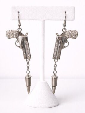 Silver crystal pistol and bullet dangle earrings